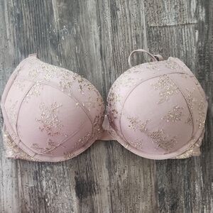 Victoria's Secret Blush Pink Lace Bombshell Push Up Bra with Gold Stitching
